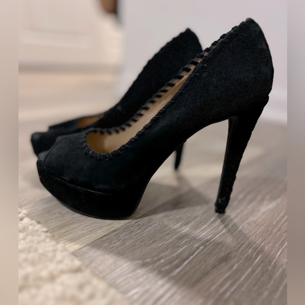 Black suede peep toe pumps. Size 5.5 excellent condition